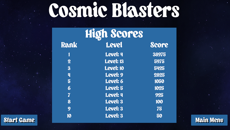 Cosmic Blasters HighScores Screen
