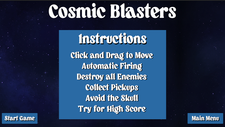 Instructions Screen for Cosmic Blasters